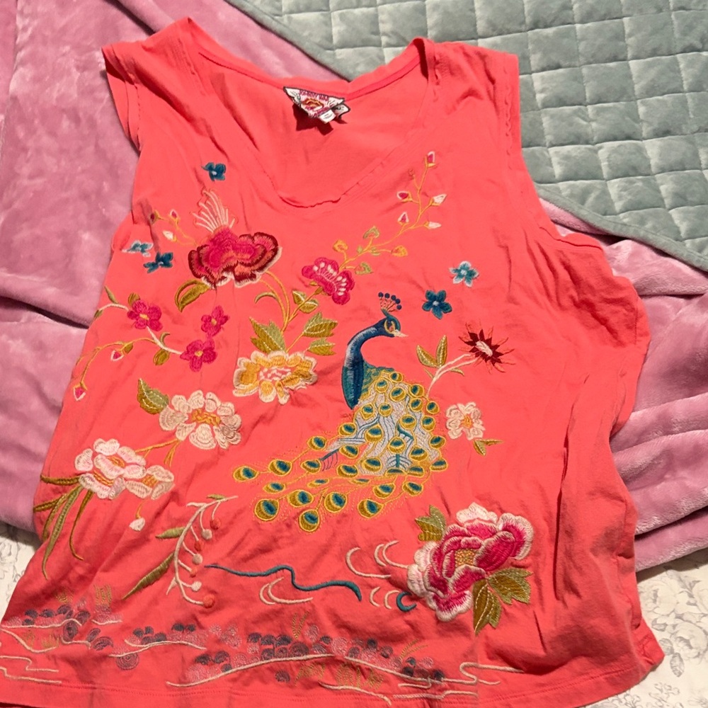 Johnny Was Embroidered Coral Sleeveless Peplum Top - Peacock Floral